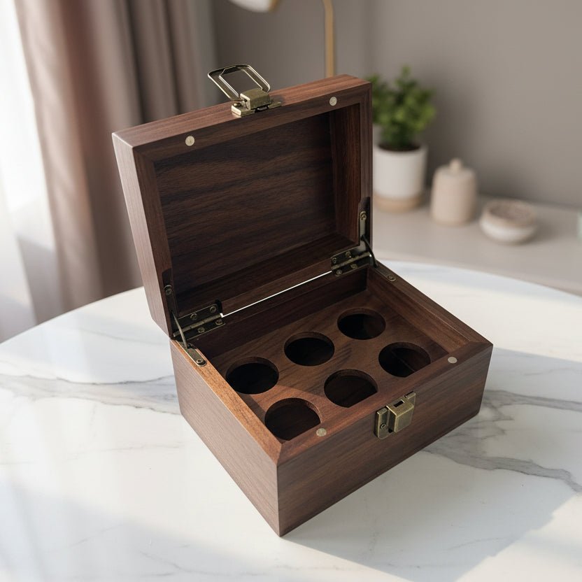 Luxury Black Walnut Essential Oil Box – 6 Hole with Brass Antique Lock & Magnetic Closure - Aromae Essentials